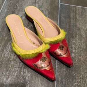 Casadei Vintage Red Silk and green faux fur Mules